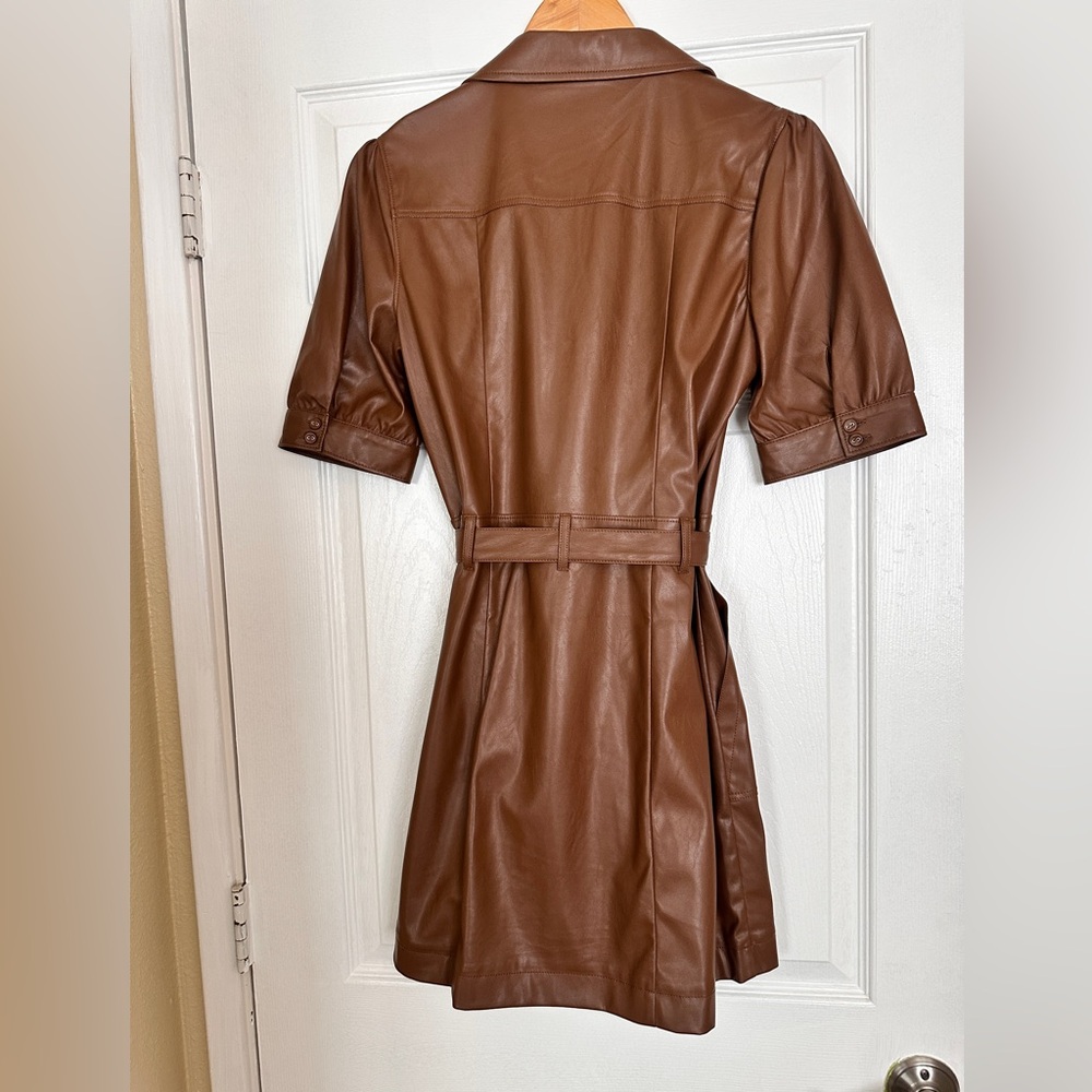 PAIGE Amina Brown Vegan-Leather Short Dress with belt - Size Sm - Picture 6 of 10